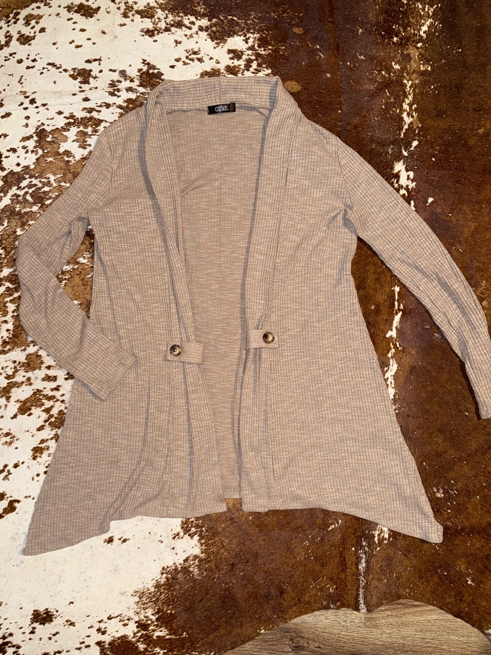 Cure women’s Open-Front knit Ribbed Cardigan in Taupe
